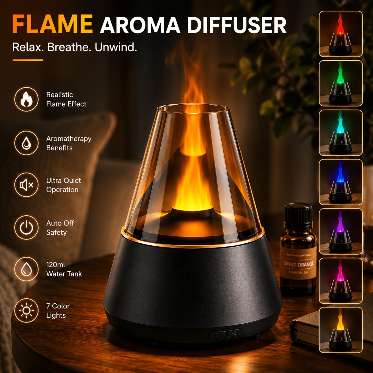 Simulated Flame Aroma Essential Oil Diffuser With Ambient Light - Image 2